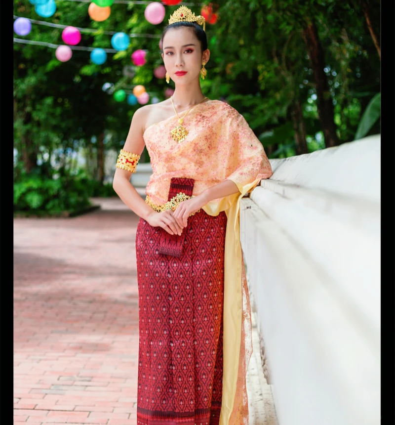 Thailand Traditional Clothing Single Shoulder Sleeveless Tops Shawl Pha Sin Hotel Restaurant Welcome Costume Thai Dress