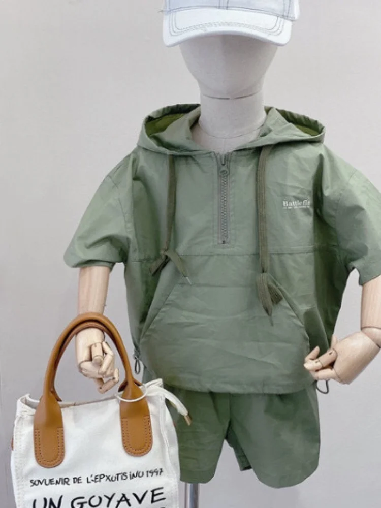 

Toddler Boy Pullover Hooded Summer Short-sleeved Set New Korean Girl Baby Breathable Thin Two-piece Suit Unisex 1-8T kid clothes