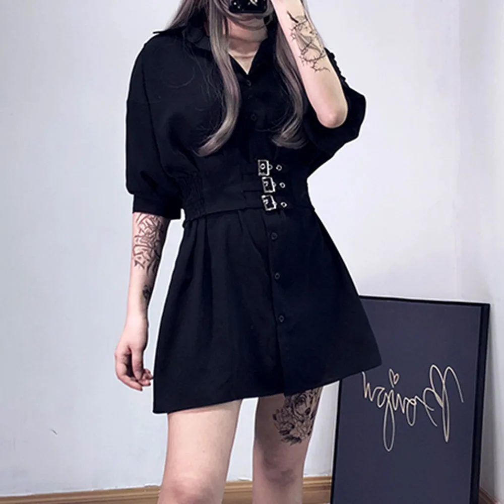 Женское платье рубашка с поясом Goth Черное короткое в стиле преппи коротким