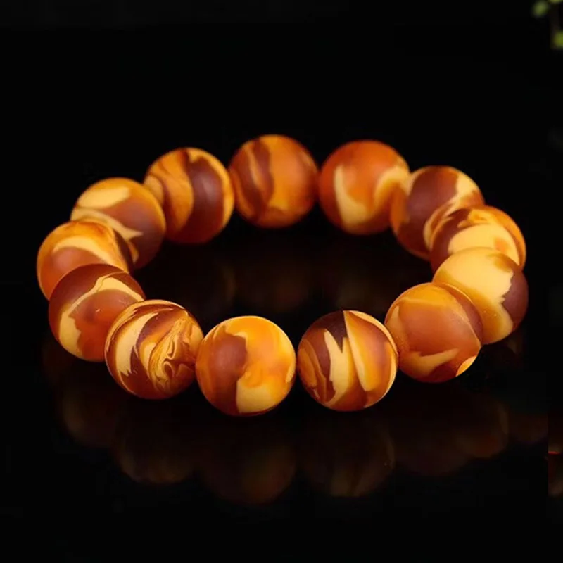

Beeswax antique Russian raw stone flower old honey wax hand string honey wax amber frosted round bead bracelet for men