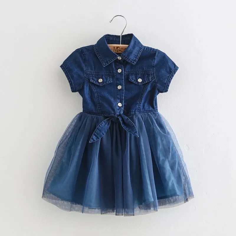 Vestido vaquero de manga corta para ni&ntilde;as, ropa informal de empalme con cuello vuelto, a la moda, para verano-0