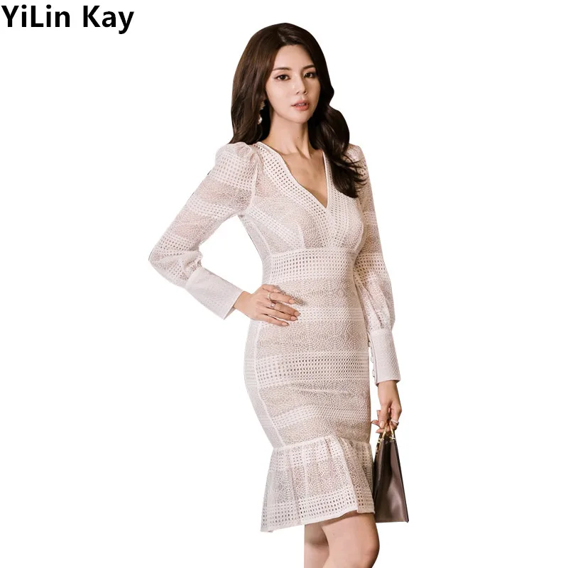 YiLin Kay 2019 High-end custom self-portrait Fashion runway dress Woman Sexy v-neck slim lace | Женская одежда