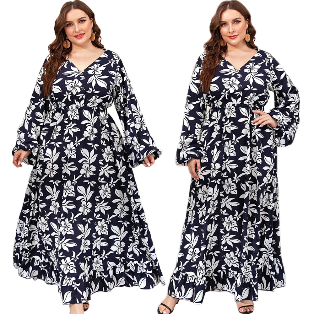 

Abaya Muslim Women Casual Loose Long Dress Floral Printed Maxi Robe Arab Jilbab Turkish Middle East V-neck Plus Size Vintage New
