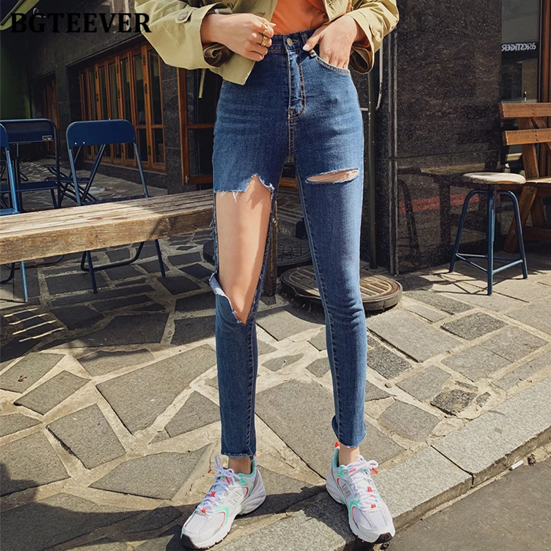 

Джинсы-карандаш женские с завышенной талией, голубые, рваные, 2020