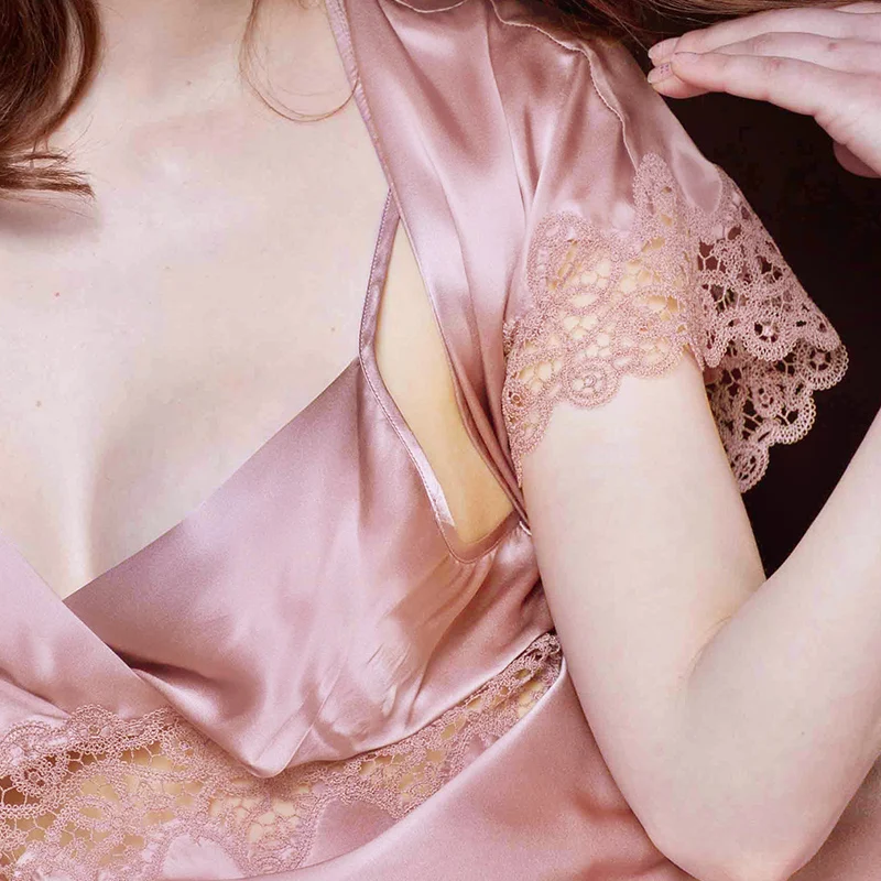 Ночная рубашка из натурального 100% шелка Женская кружевная шелковая ночная на
