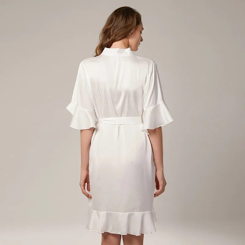 

Ruffles Trim Bride Bridesmaids Wedding Kimono Robe Gown Lady Faux Silk Sleepwear Autumn Casual Nightwear With Belt Bathrobe