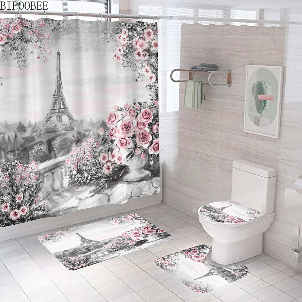 

Pink Rose Nordic Shower Curtain Iron Tower Printed Bathroom Curtains Flannel Toilet Cover Bath Mats Non-Slip Carpet Pedestal Rug