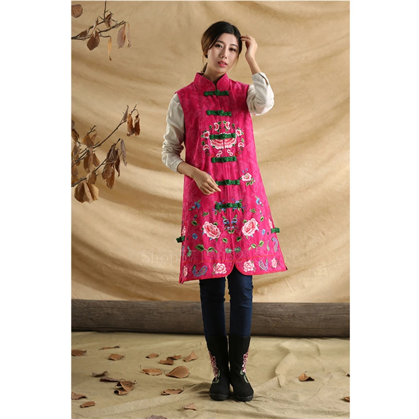 Chinese Traditional Clothes Tang Suit Vest Women Girls Long Maxi Top Fancy Embroidery Flower Sleeveless Cotton Ethnic Coat | Тематическая