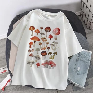 Colorful Mushroom Kitten Print T-shirt Women Streetwear Tops 2021 Summer Casual Short Sleeve Oversized T-shirt Female Clothes