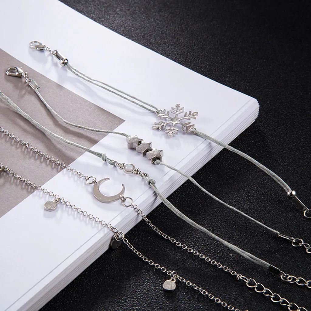 Женский браслет со снежинкой с пятиконечными звездами Луной и открытым