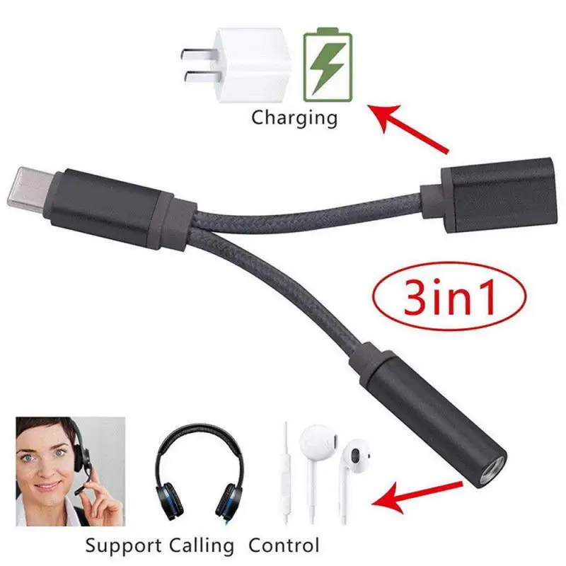 

2 In 1 Type C To 3.5mm Charge Audio Adapter For Samsung Xiaomi Huawei Mate10 P20 Pro USB C Headphone AUX Audio Cable Splitter