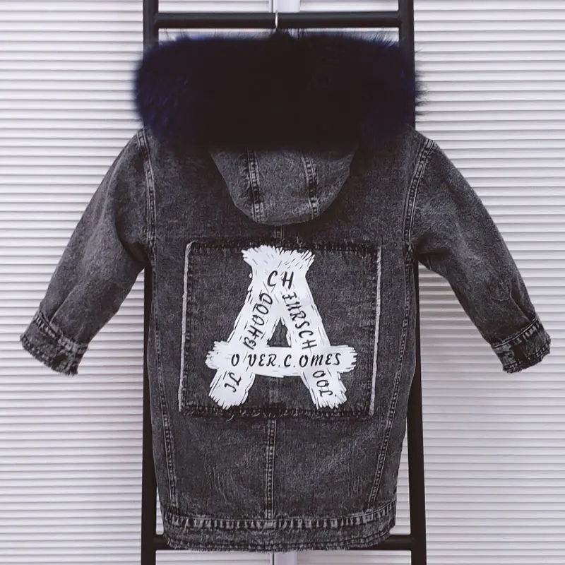 Grey NavyBlue Зимнее Детское пальто с натуральным мехом Длинные парки для девочек и мальчиков теплая Плотная джинсовая куртка с капюшоном и отстегивающимся кроличьим мехом - Цвет: Grey NavyBlue
