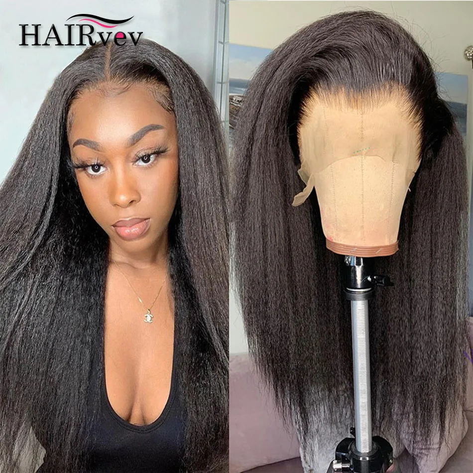 

Kinky Straight Natural Black 13x4 Lace Front Human Hair Wig 28 Inch HD Lace Frontal Wigs Yaki Straight Brazilian Remy Hair Wig