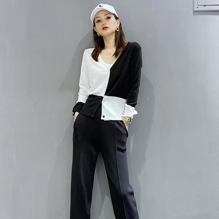 

2020 Spring and Autumn Fashion Women Button Stitching Color Jacket Coatsknitted Cardigans Sweater Pants Suit 2 Piece Set F77