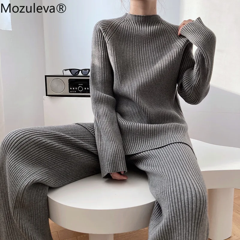 Женский Осенний вязаный комплект из 2 предметов свитер с высоким воротником и