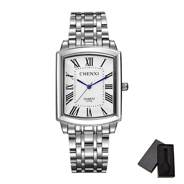 Men White CHENXI, квадратные женские часы, римская цифра, серебро, нержавеющая сталь, кварцевые часы для мужчин, для влюбленных, женские часы, ретро стиль, повседневная пара - Цвет: Men White
