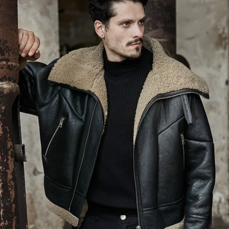 Зимняя мужская куртка шуба из натуральной овечьей шерсти Корейская винтажная