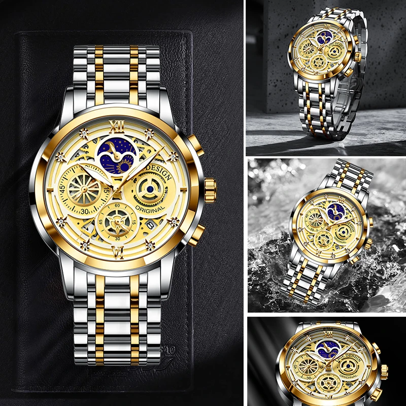 

LIGE Fashion Mens Watches Top Brand Luxury Stainless Steel Waterproof Sports Quartz Chronograph Men Hollow Watch Reloj de Hombre