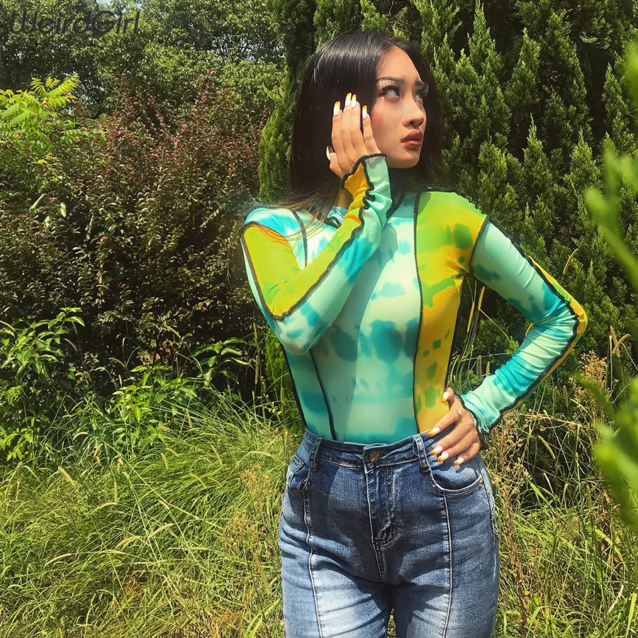 Weirdgirl женская футболка с длинным рукавом Водолазка для девочек повседневные топы эластичные базовые футболки Highstreet Lady Print пуловеры Тройник