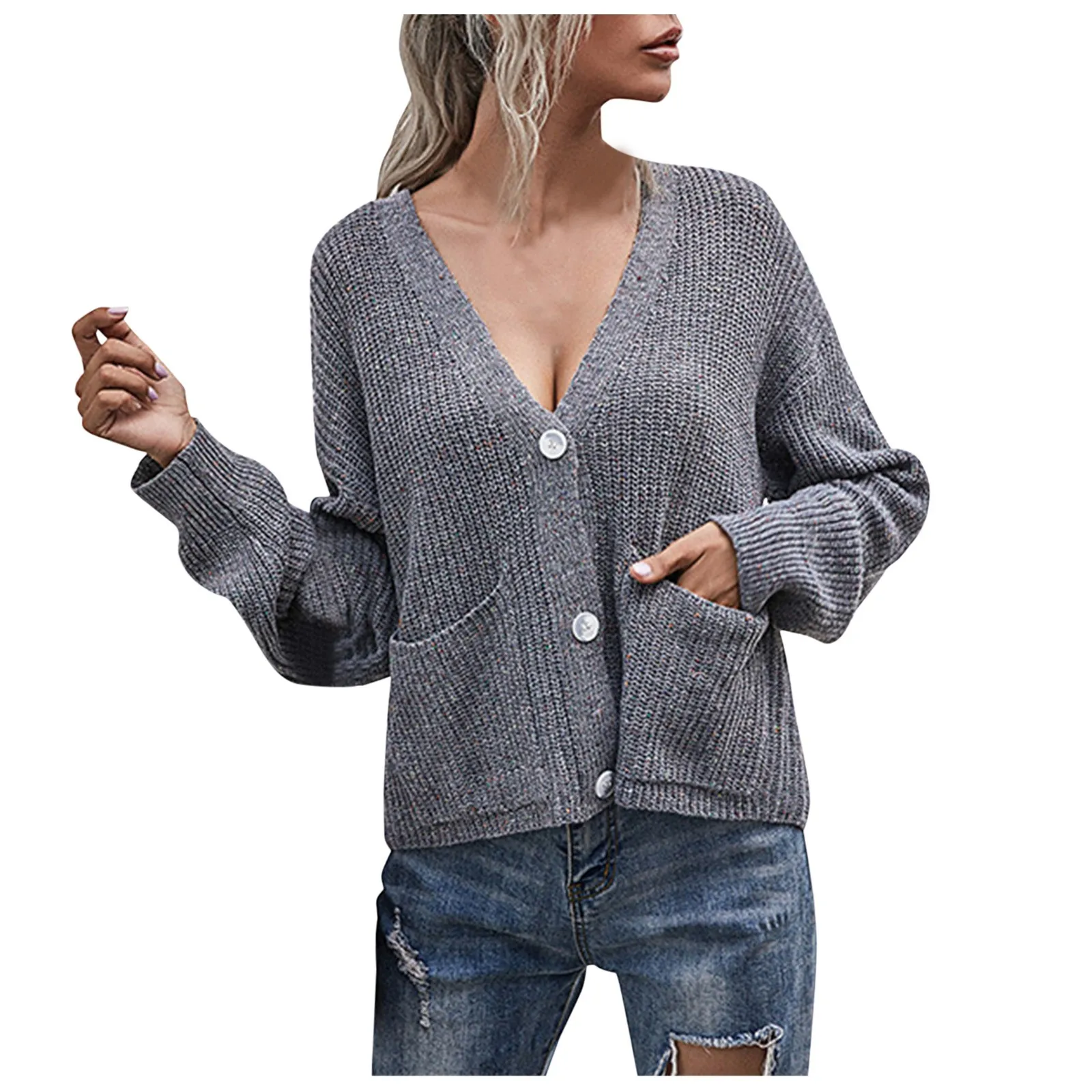 

Korean Style Cardigan Women Deep V Neck Knitted Sweater Jacket Coat Long Sleeve Tops Single Breasted Polka Dot Casual Cardigans