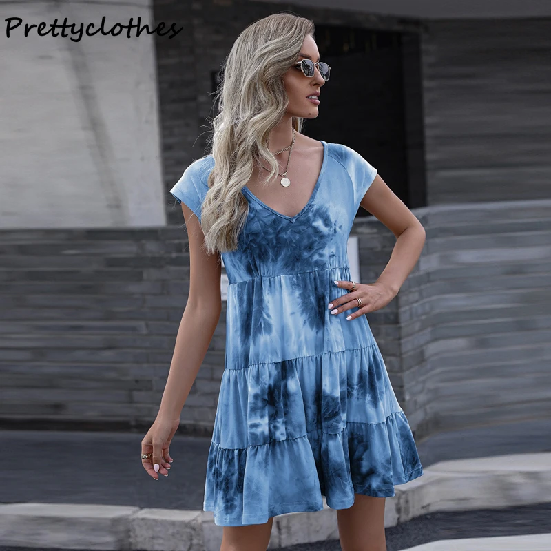 

Spring And Summer New European Tie-Dye Printing Gradient Color Loose Short-Sleeved Dress Elegant Dresses For Women Clothing