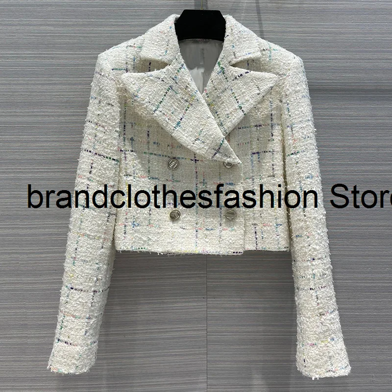 

Женский двубортный твидовый пиджак, модный двубортный жакет в клетку с отложным воротником и длинным рукавом, 2021