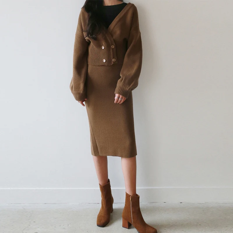 Корейский вязаный комплект одежды из 2 предметов для женщин зимние с буфами на