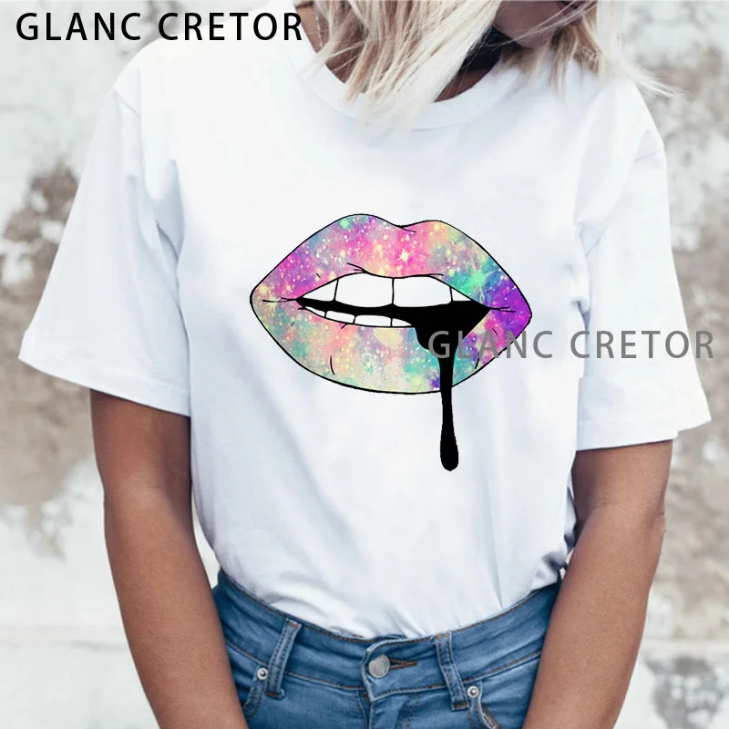 

Harajuku Graphic T-shirt Short Sleeve Female T-shirt Leopard Print Lips Kawaii Street T-shirt