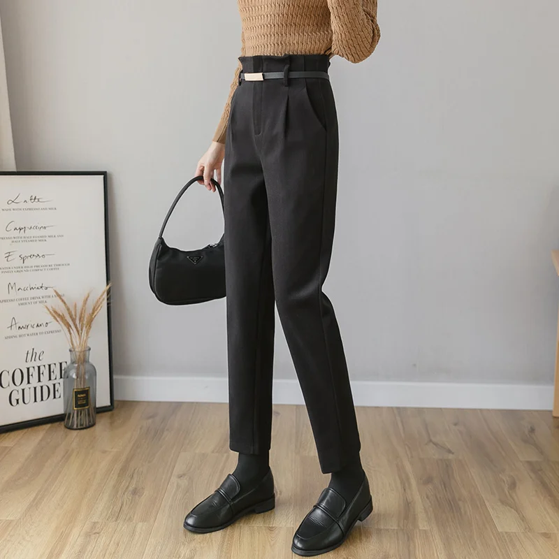 Осень-зима шерстяные штаны женские новинка высокая талия тонкая пояс шаровары