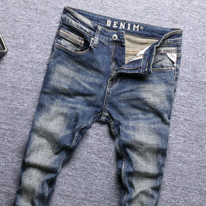 Italian Style Fashion Men Jeans Retro Blue Elastic Slim Fit Ripped Jeans Men High Quality Vintage Designer Casual Denim Pants