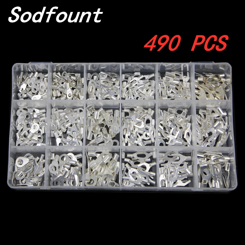 

490 Pcs/ Lots 18 Type Cold Naked Non-Insulated Ring Fork O/Y/U-type Terminals Assortment Kit Cable Crimp Spade Connector