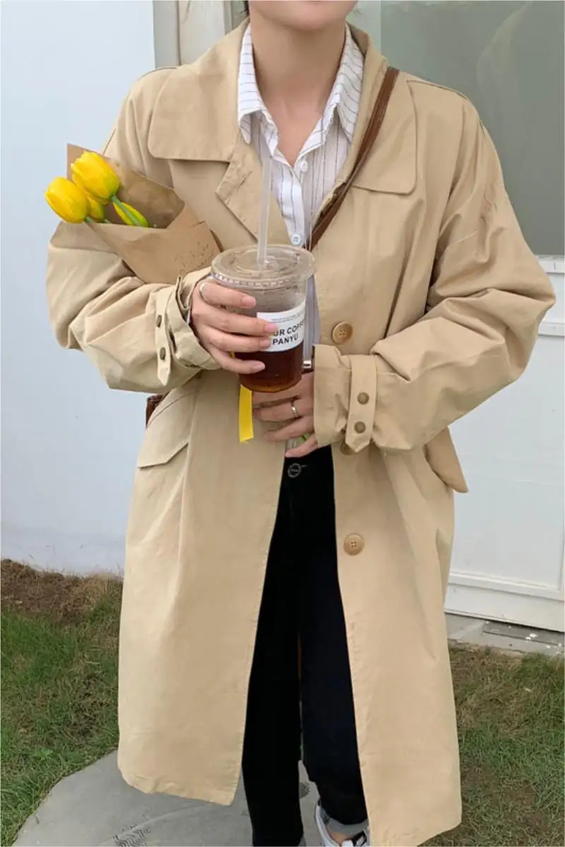 

2021 New Korean Fashion Loose Single-breasted Long Trench Coat Spring Autumn Casual Turn-down Collar Button Solid Coats