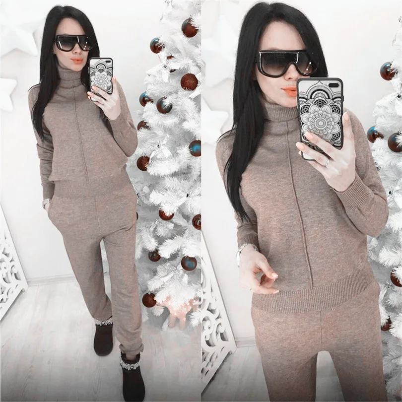 Свитер с высоким воротом Модный женский комплект спортивной одежды трикотажный