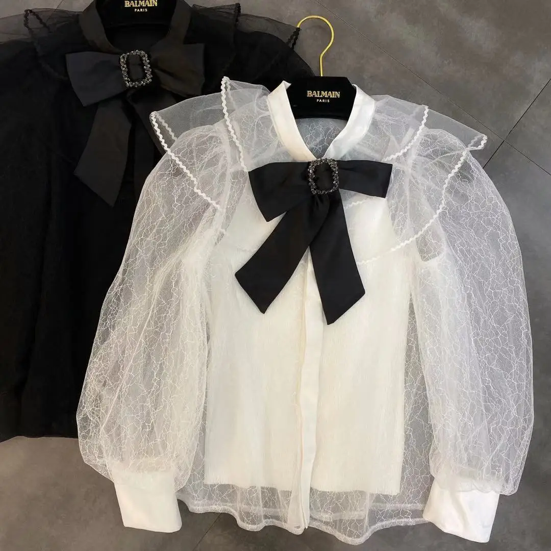 

Korean Direct Selling Zanzea Vadim 2020 Spring New Women's Shirt Retro Big Bow Collar Bubble Sleeve See-through With Suspenders