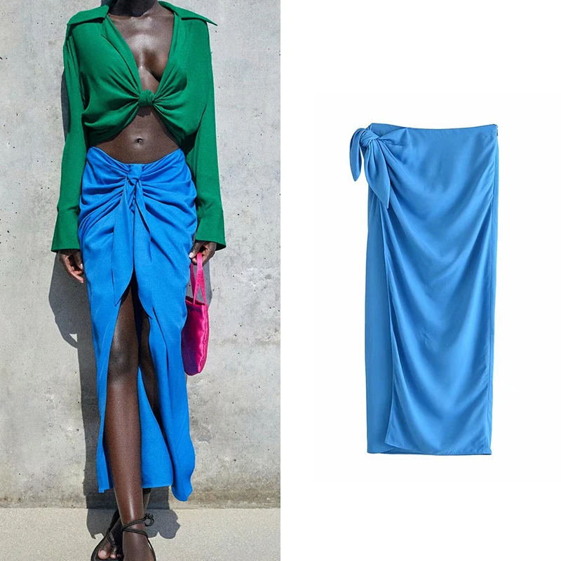 Za 2021 летняя Однотонная юбка с высокой талией для женщин на молнии бантом женские