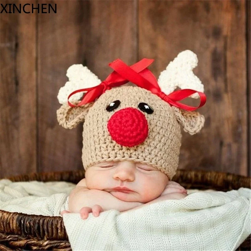 

2022 Cartoon Newborn Infant Crochet Knitted Christmas Deer Baby Hats for Boy Girl Cap Photography Props Bowknot Hat Girl