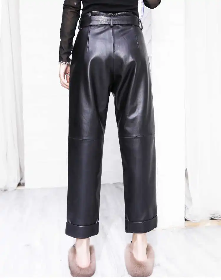 

Spring Women's Autumn High-rise leather pants High quality Sheepskin Genuine leather straight-leg pants C654