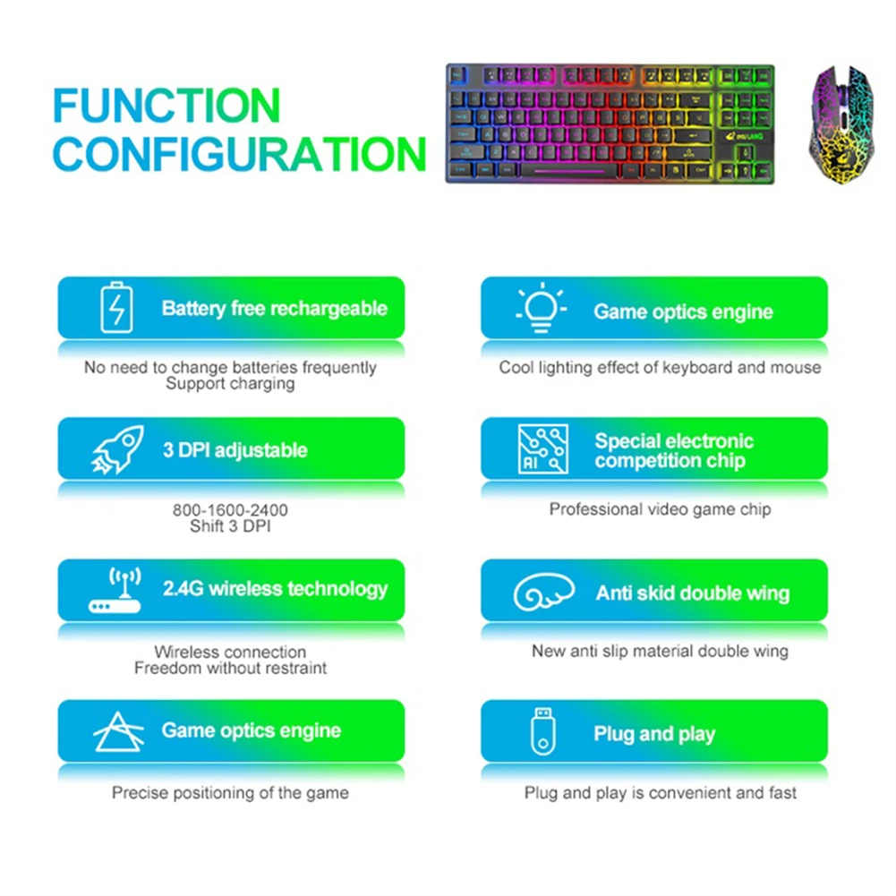 

T87 2.4GHz Wireless Rechargeable Colorful Backlight 3 Gears 2400 DPI Adjustable Keyboard Mouse Combos Set for Office Gamers