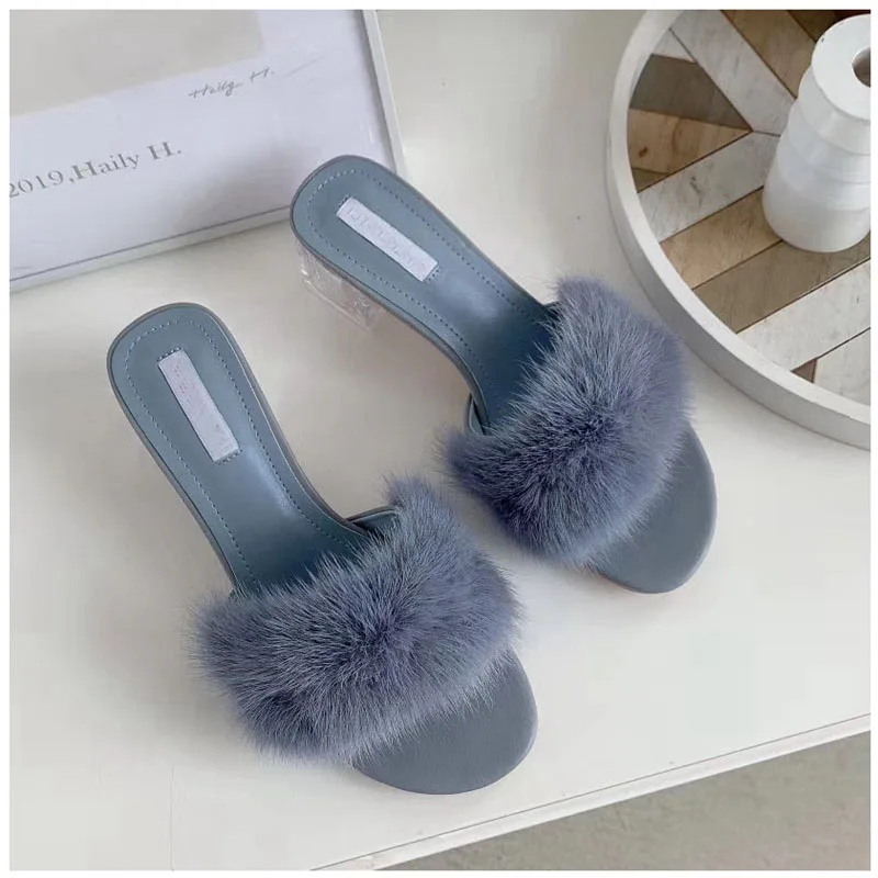 Женские босоножки с натуральным мехом сандалии из меха норки на квадратном