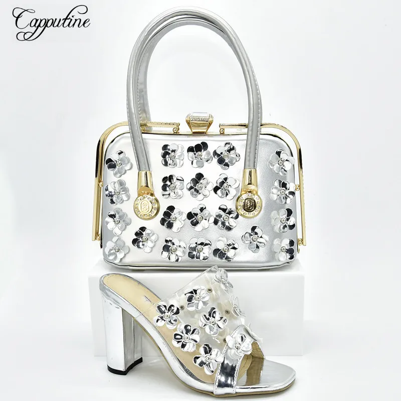 

Wonderful silver wedding/party high heel shoes and handbag sets with 3D appliques 118-1, heel height 11.5cm