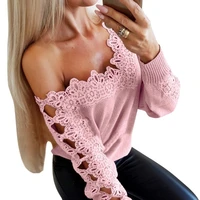 women fall new lace cutout sexy off the shoulder sweater slash neck temperament lady blosue long sleeve hollow out female tops