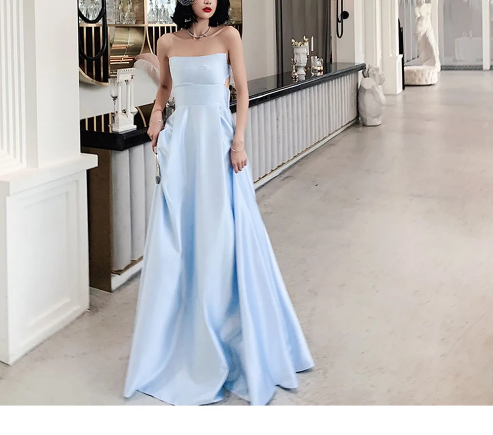 

Sky Blue Strapless Satin A Line Prom Dresses Long 2020 for Women Open Back Formal Evening Ball Birthday Party Gowns VS69