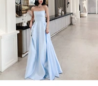 sky blue strapless satin a line prom dresses long 2020 for women open back formal evening ball birthday party gowns vs69