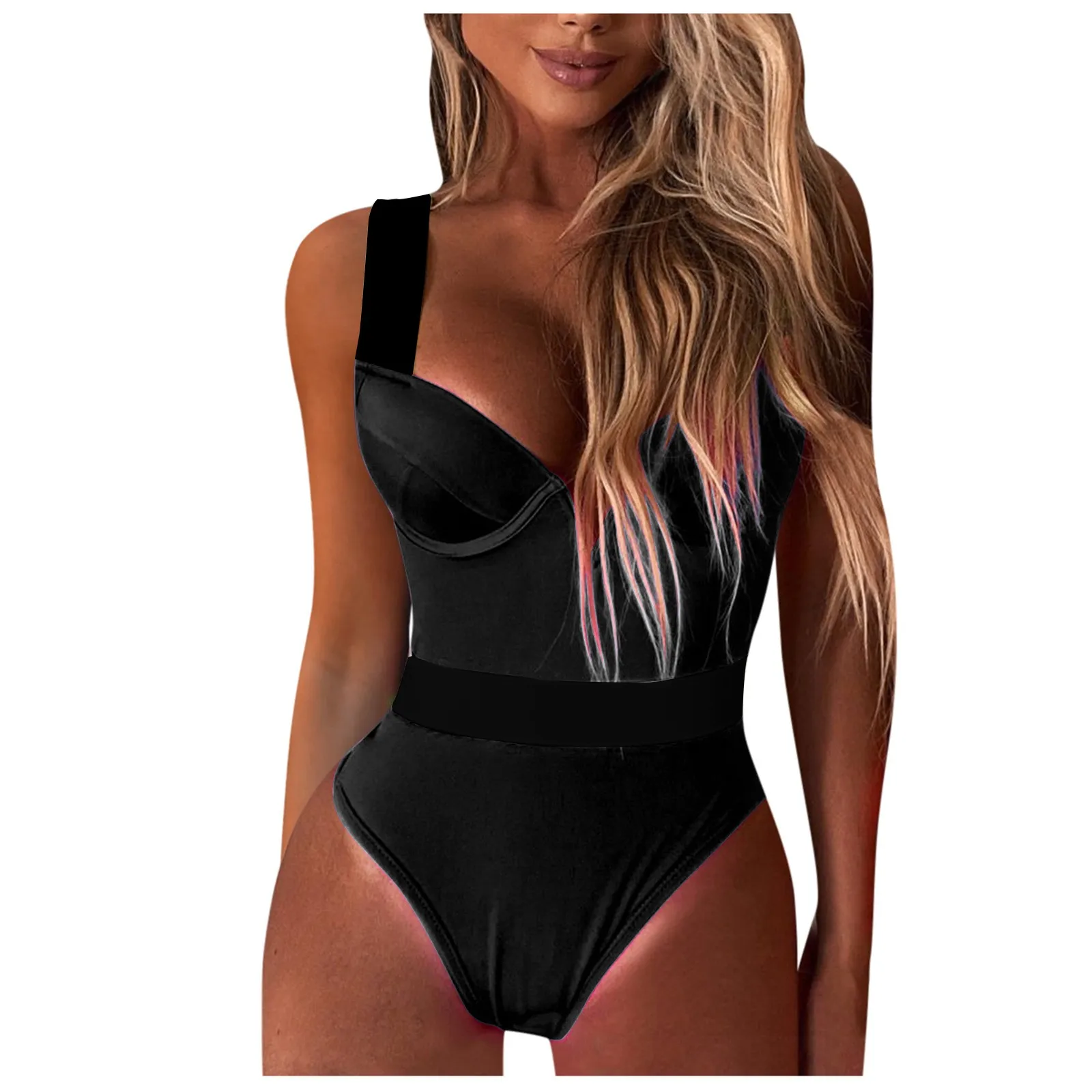 

Слитный купальный костюм с глубоким V-образным вырезом, купальный костюм с высокой талией, цветная сращивающаяся одежда, облегающий купальн...