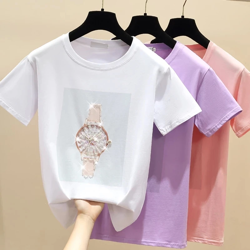 

Harajuku 2021 Cotton Tshirt Women Tops Beading Short Sleeve Female T-shirt Casual Tee Shirt Femme Summe Top Pink Purple White