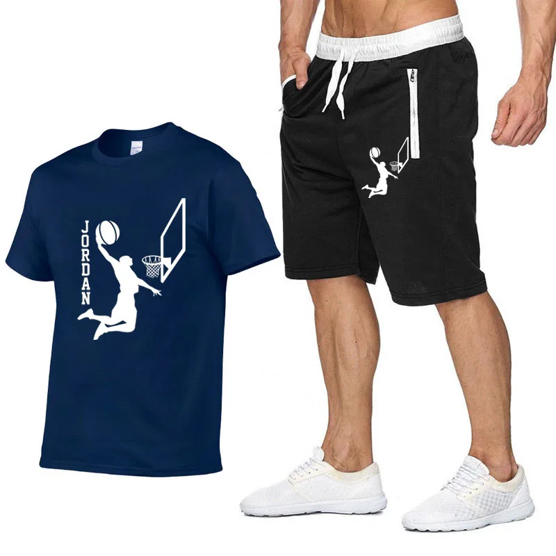 

2021Summer Men's T-shirt Set 2-piece Men's Sportswear Suit Basketball Sports Fitness Jordan-23 Printed Short Sleeve + Men's Suit
