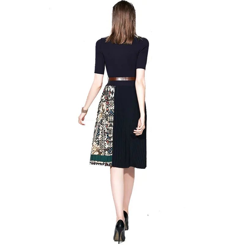 Женское трикотажное платье с поясом элегантное плиссированное в стиле ретро