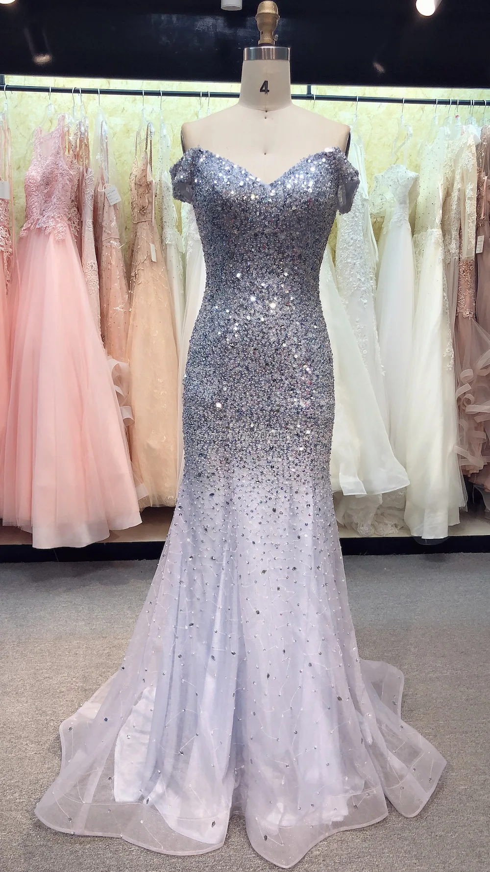 

Mermaid Evening Dress with Beads and Sequins New Arrive Charming Party Evening Gown with Small V neck
