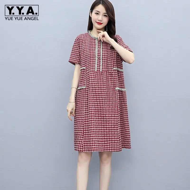 

2021 Summer Korean Style Fashion Dress Office Lady O-Neck Concise Pullover Spliced Loose Elegant Womens Short Sleeve New