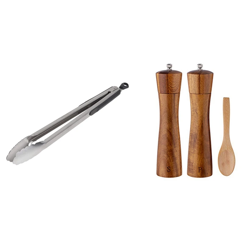 

Щипцы для барбекю с зажимом из нержавеющей стали с мельницей для перца, набор с деревянной ложкой, регулируемая керамическая шлифовальная м...